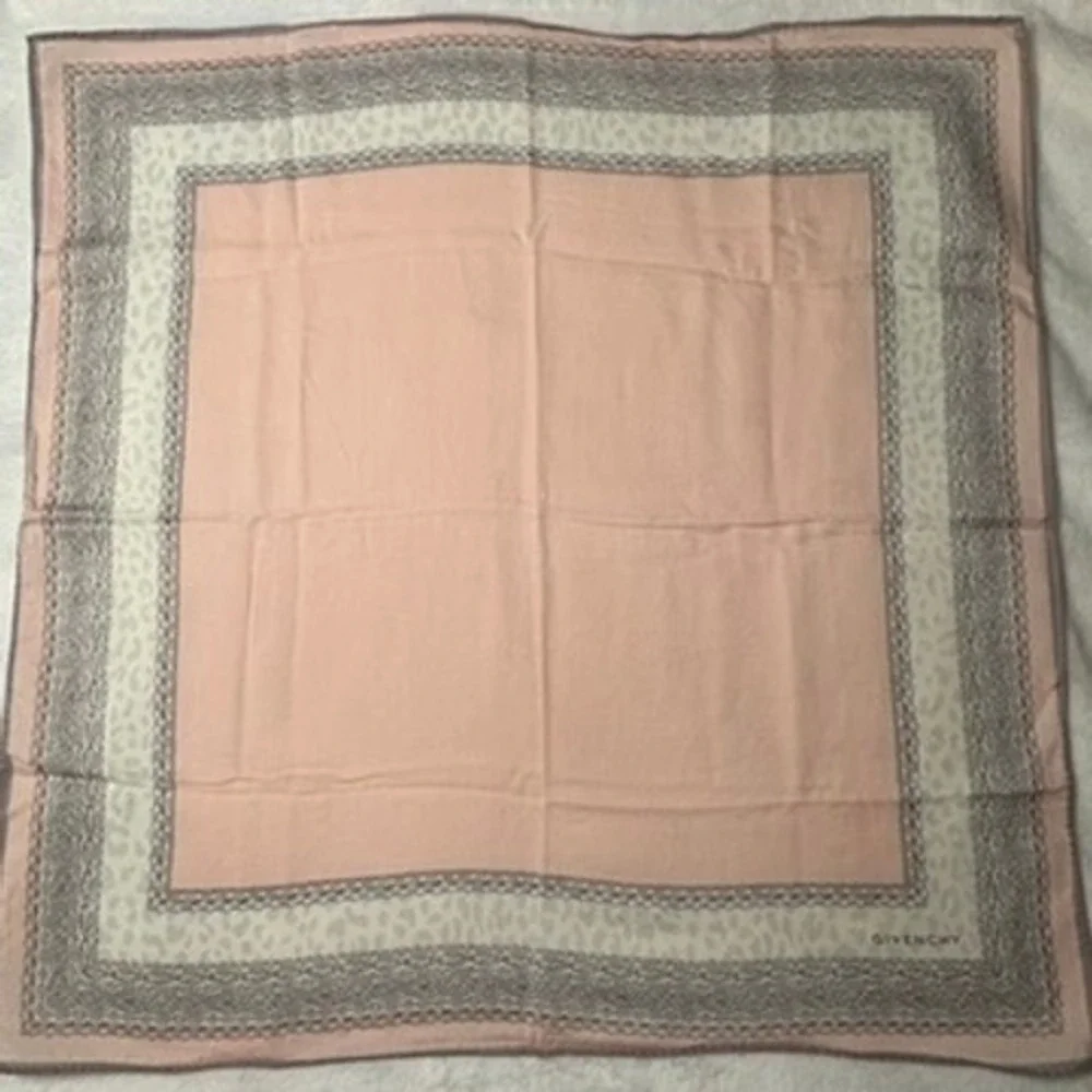 Vtg GIVENCHY Scarf Handkerchief Leopard Lace Pink Gray 18.5